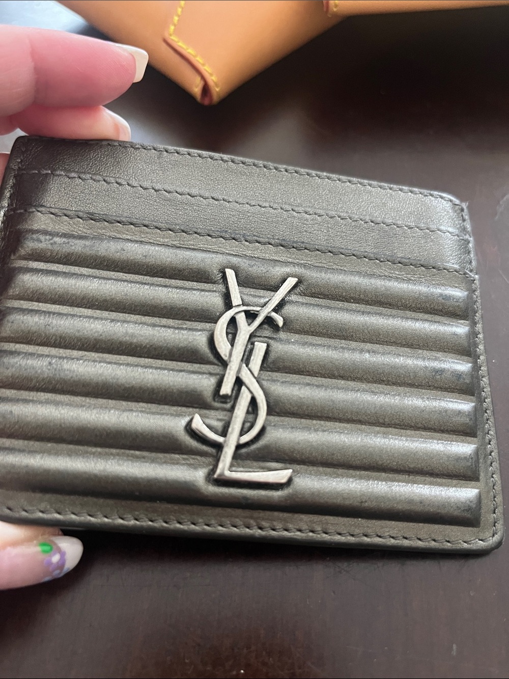 Saint Laurent Quilted Card Holder with YSL Logo in Olive - Picture 9 of 9